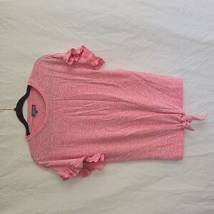 Cupcake Pink short sleeve lightweight sweater with tie and ruffle sleeve.